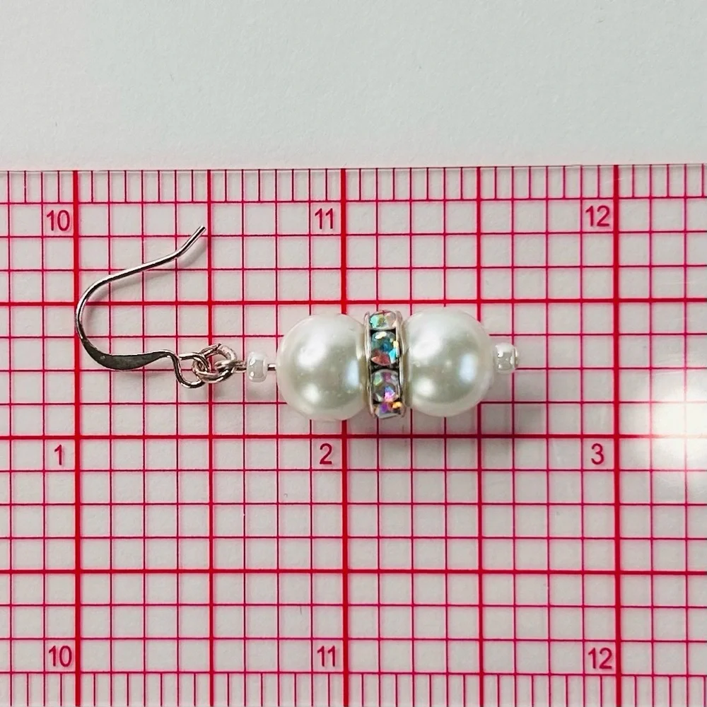 HAND CRAFTED Pearl EARRINGS White Silver Czech Crystal Rondelle Drop NWT - Picture 6 of 10